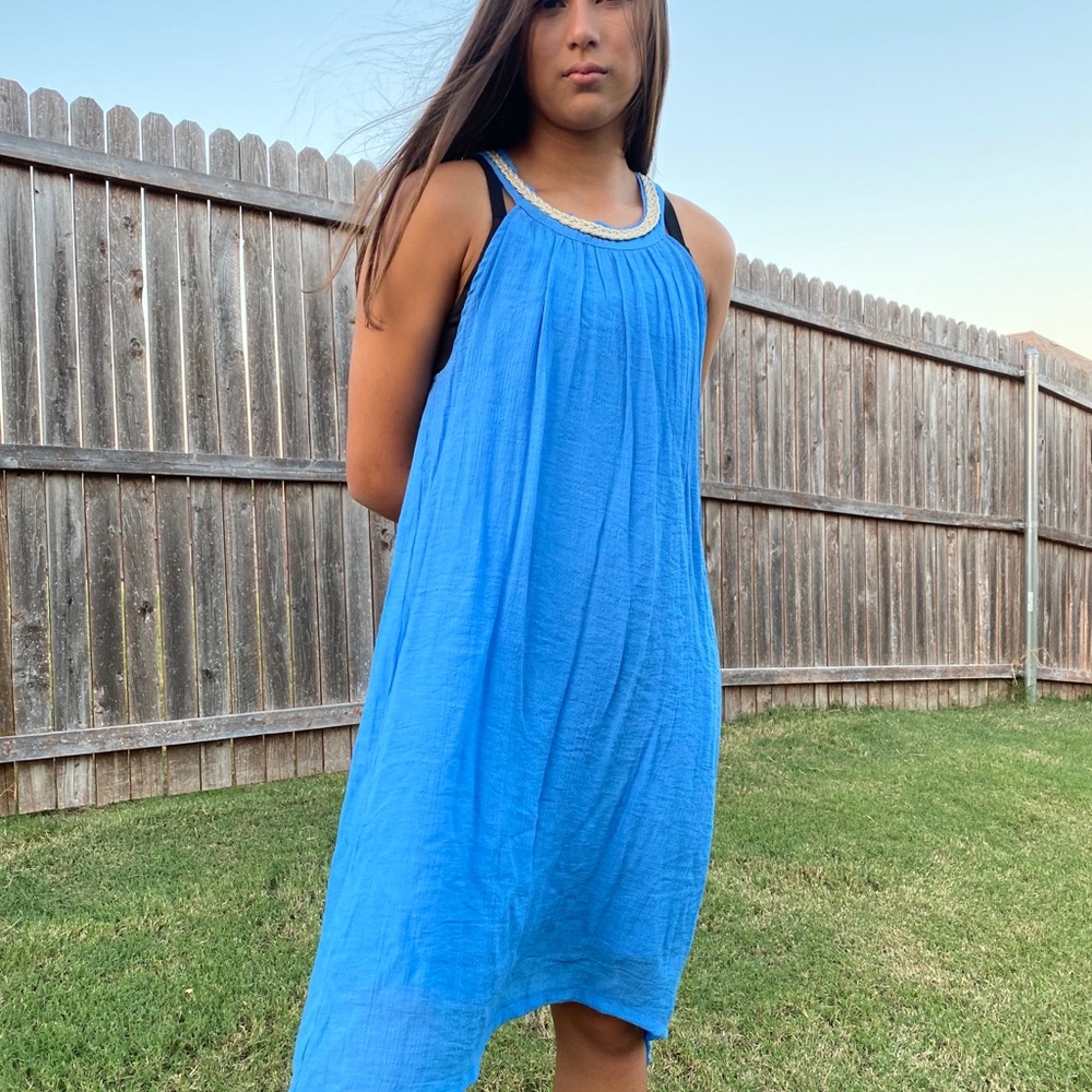 bright blue halter dress